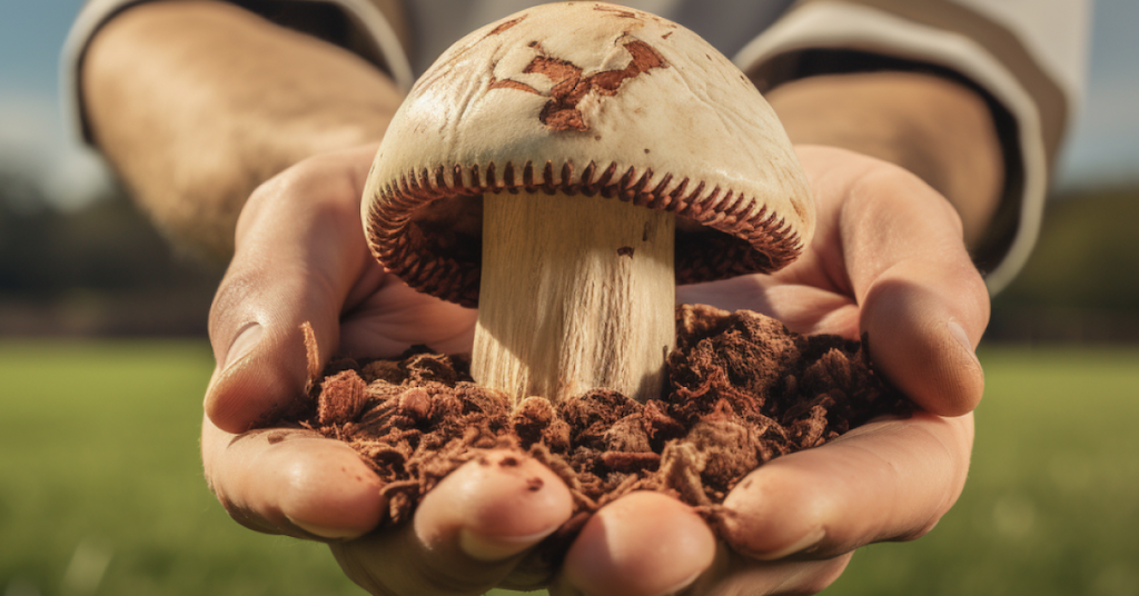 Someone holding a baseball that looks like a mushroom