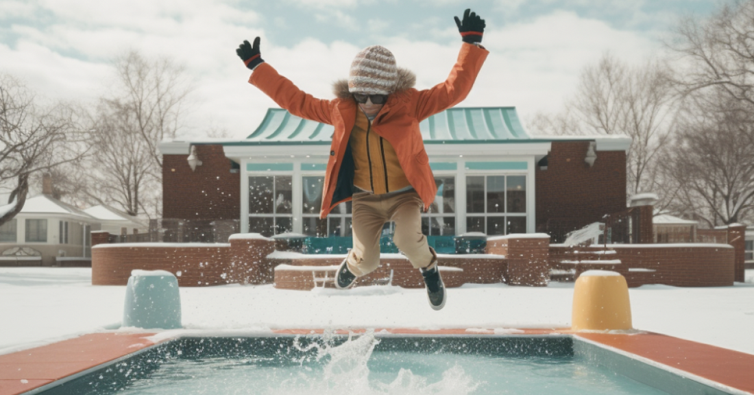 A child jumps into a pool wearing a winter jacket