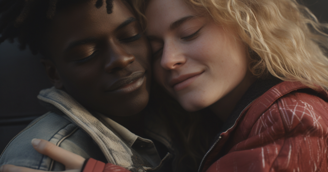 A woman and man lovingly hold each other