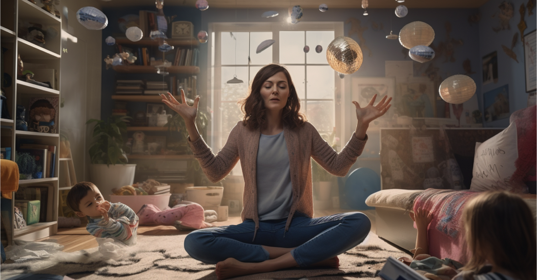 A mother juggles floating globes while her children watch