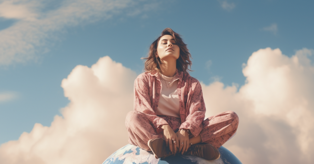 Woman meditating on top of the world