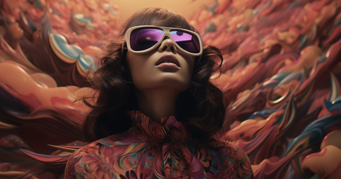Woman wearing 70s sunglasses surrounded by swirling colors.
