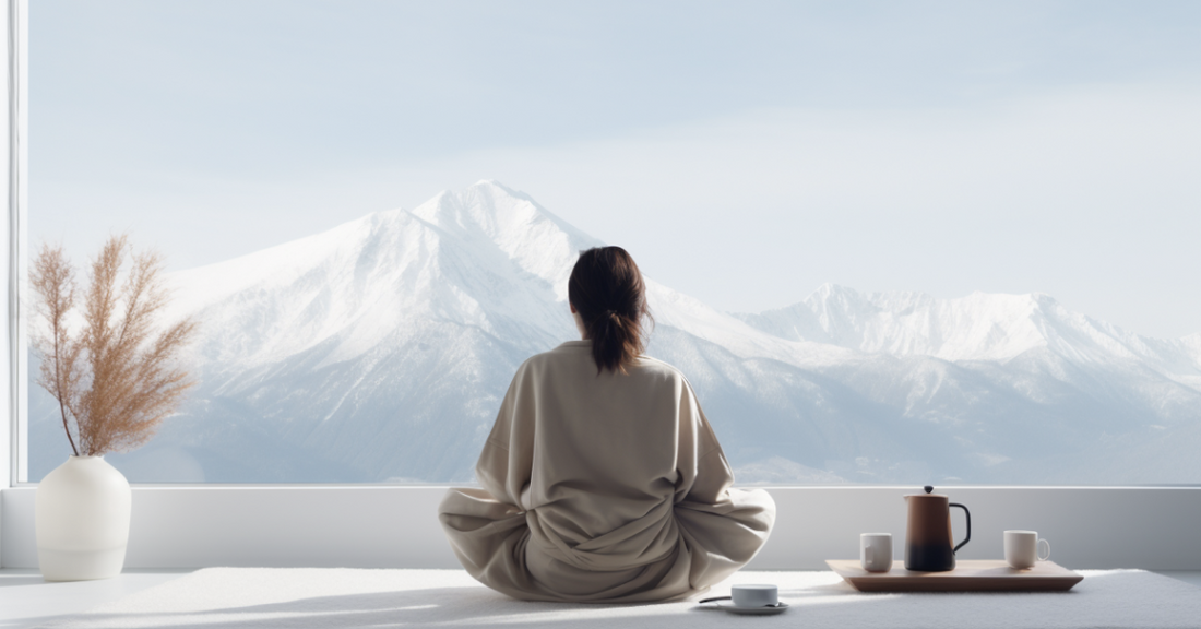 Woman sitting in front of window overlooking white mountain