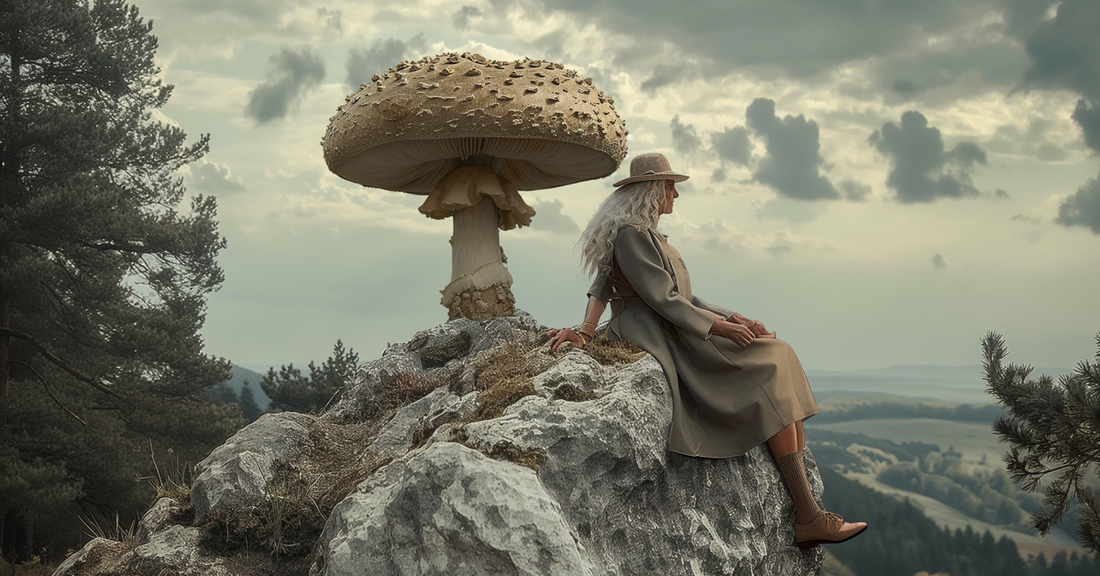 
  Woman with white hair sits next to a giant mushroom
