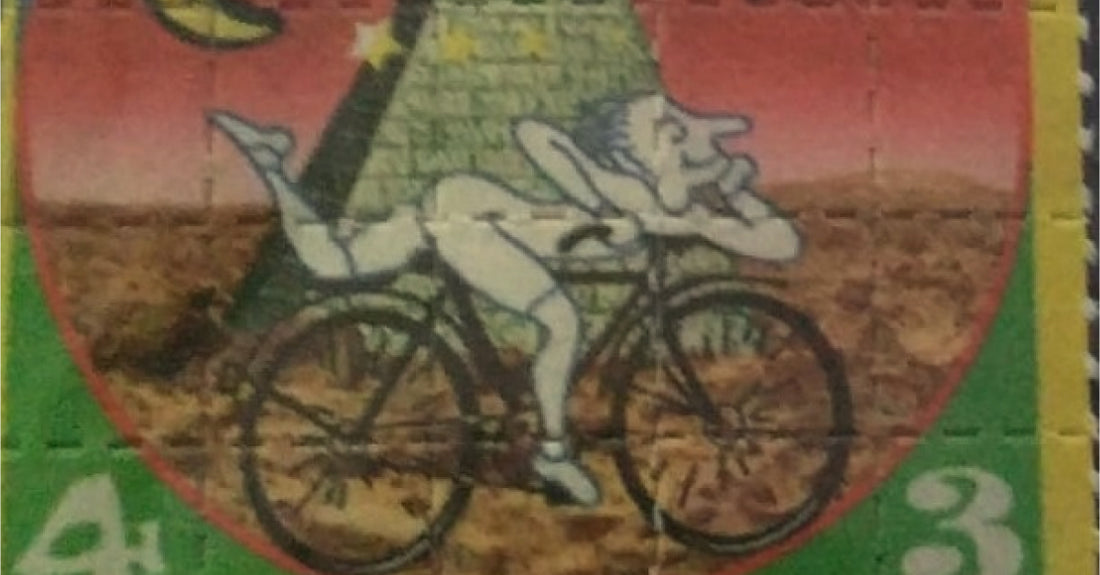 
  Vintage cartoon of a man riding a bicycle
