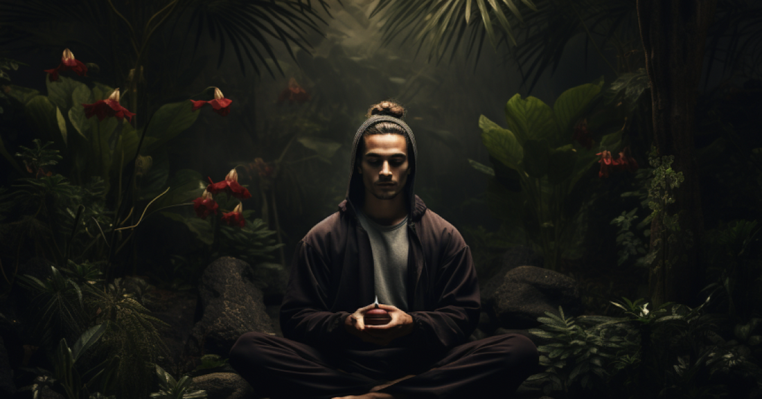 
  A man meditating in a dark forest
