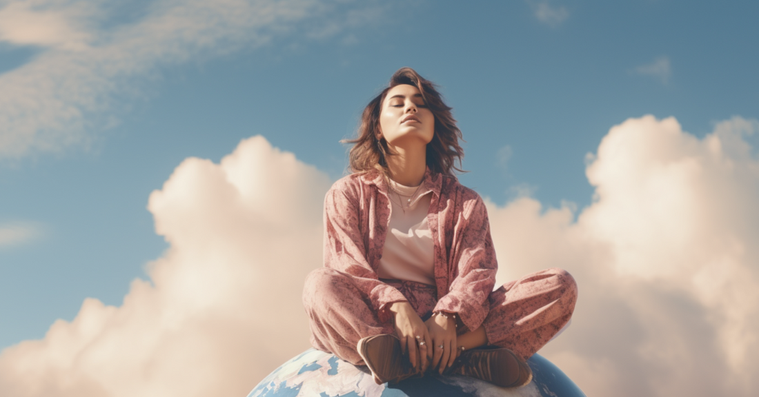 
  Woman meditating on top of the world
