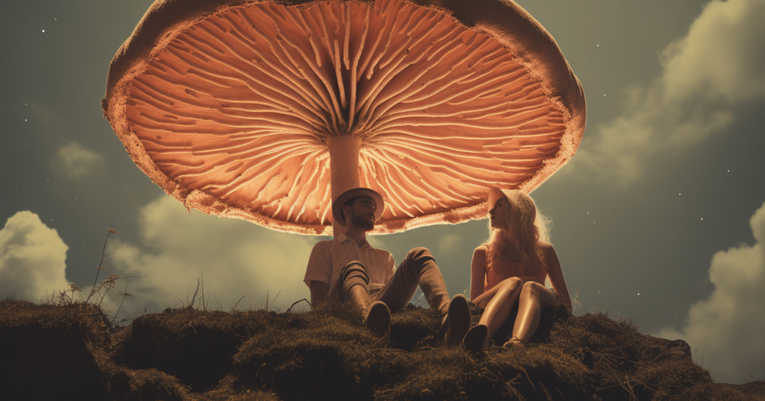 
  Two people sitting under a mushroom
